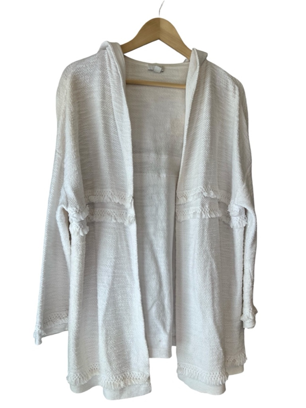 J.Jill Ivory Fringe Trim Open Front Cardigan Sweater Boho Coastal Cozy - Picture 2 of 14